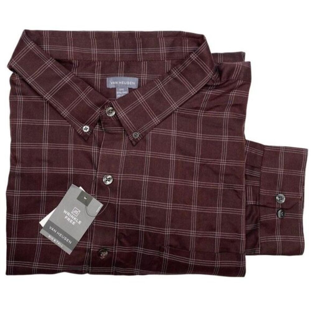 Van Heusen Button Down Shirt 5XL Men's Plaid Twill Premium‎ Non-Iron NEW